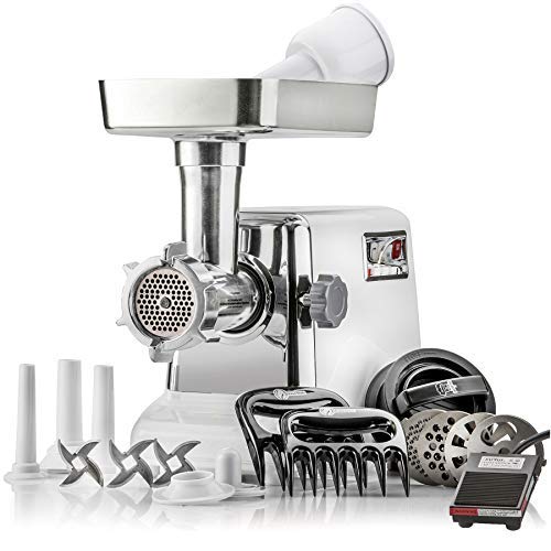 STX International TurboforcePlatinum Edition 3 Speed Electric Meat Grinder & Sausage Stuffer - Heavy Duty 1200 Watts - 4 Grinding Plates, 3 Stainless Blades, 3 Sausage Tubes, Kubbe & Foot Pedal